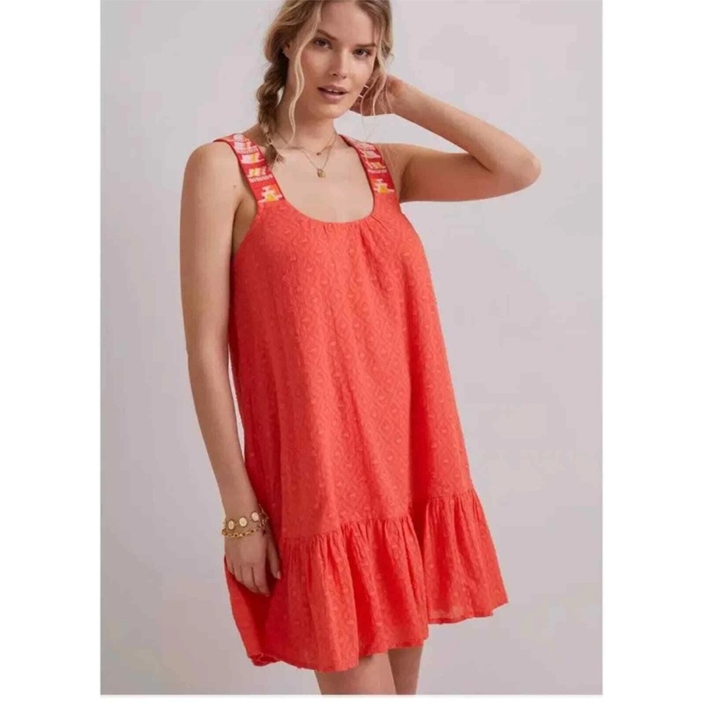 Anthropologie Embroidered Cotton Swing Mini Dress Coral Boho Size M